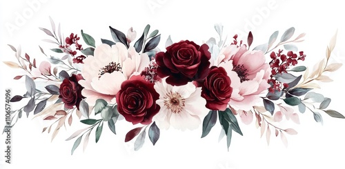Fototapeta Naklejka Na Ścianę i Meble -  Watercolor floral bouquet red roses pink peonies white blooms green foliage wedding invitations decor