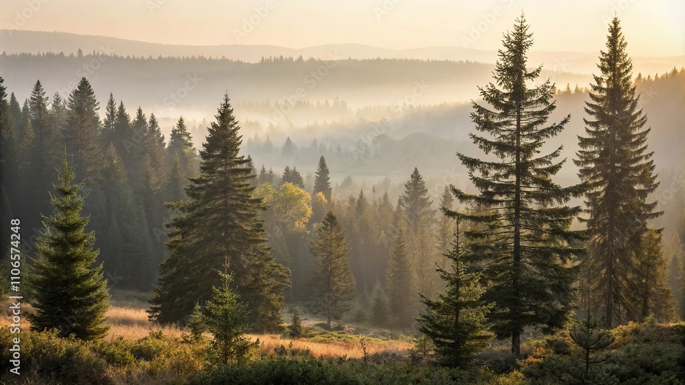 Fototapeta premium Soft warm light seeps into the forest, casting a gentle ambiance over the landscape of tall conifers, their needles glistening with dew, trees, dew, needles, conifers