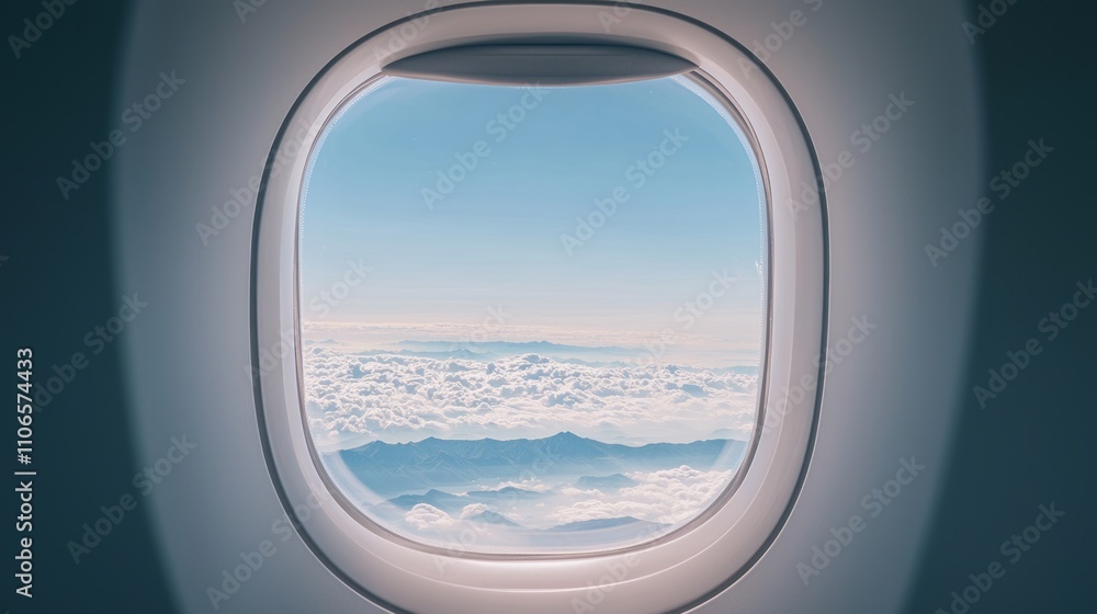 A stunning aerial view of mountain ranges seen through an airplane window, with soft clouds drifting by. A stunning aerial view of mountain ranges seen through an airplane window, with soft clouds drifting by.