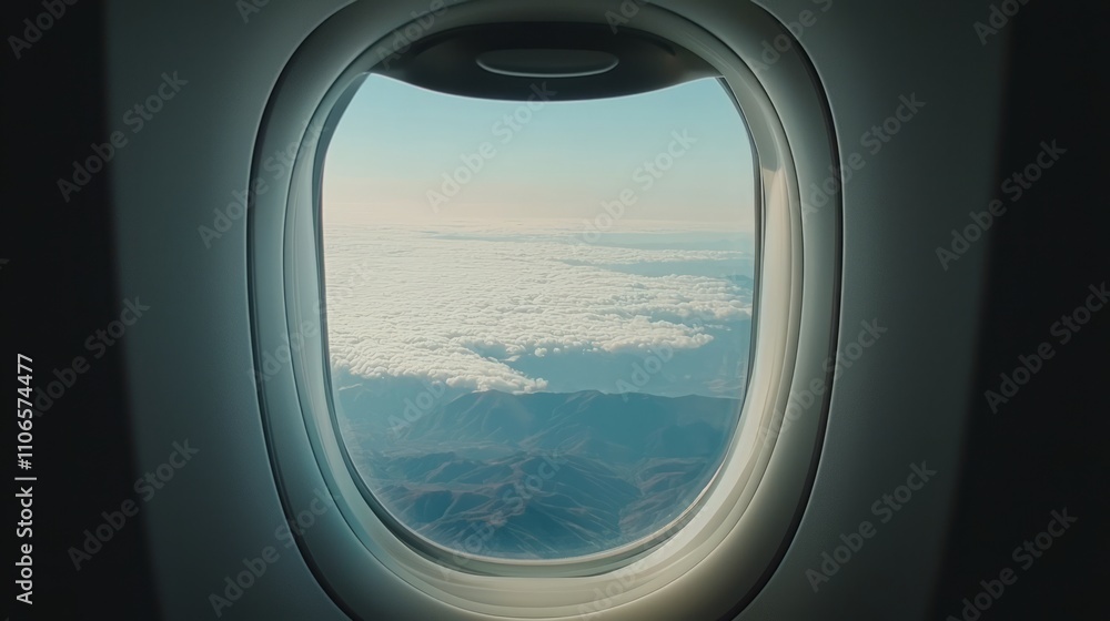 A stunning aerial view of mountain ranges seen through an airplane window, with soft clouds drifting by. A stunning aerial view of mountain ranges seen through an airplane window, with soft clouds drifting by.