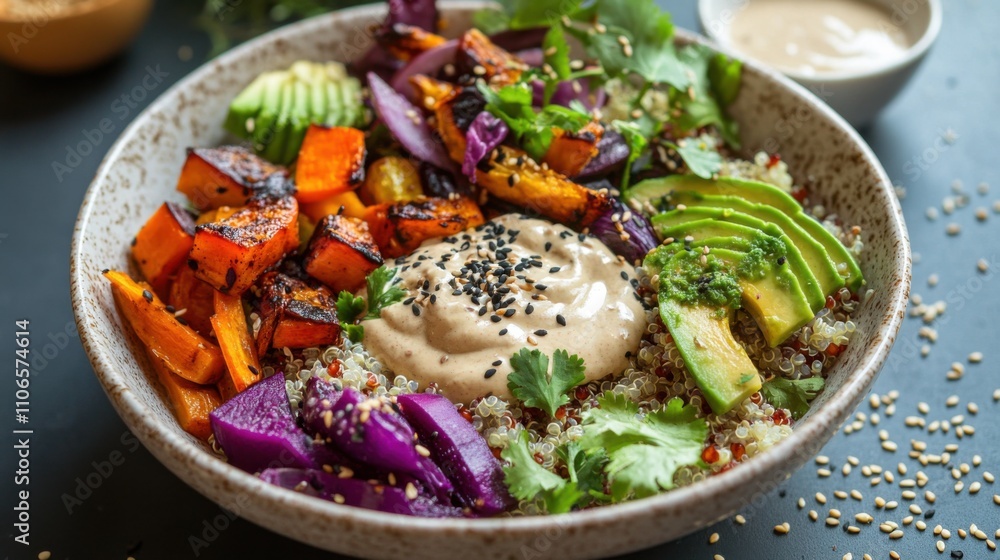 A colorful bowl of Buddha bowl with quinoa, roasted vegetables, avocado slices A colorful bowl of Buddha bowl with quinoa, roasted vegetables, avocado slices