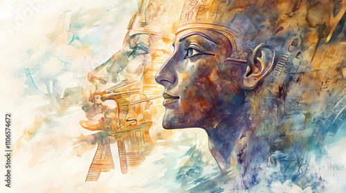 Ethereal and visually striking watercolor painting depicting the egyptian deity ptah,showcasing a dynamic,fluid,and conceptual interpretation of this ancient mythological figure. Mythic. Illustration photo