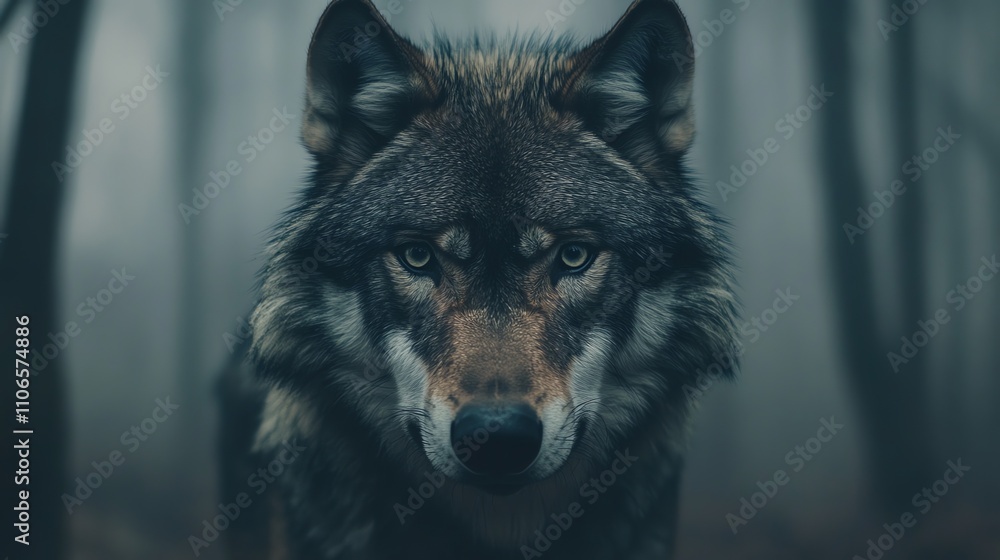 A wolf looks directly at the camera in a foggy forest. A wolf looks directly at the camera in a foggy forest.