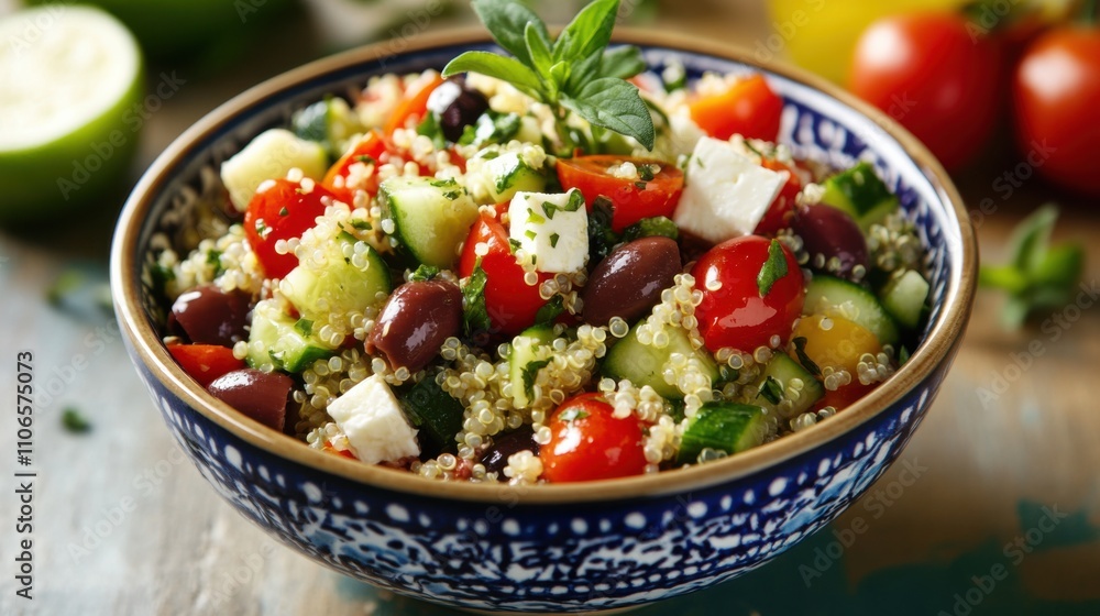 A colorful bowl of Greek-style quinoa salad with cherry tomatoes, cucumbers, olives A colorful bowl of Greek-style quinoa salad with cherry tomatoes, cucumbers, olives