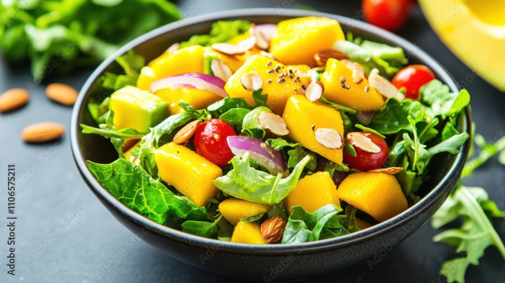 A colorful bowl of mango and avocado salad with mixed greens, cherry tomatoes, red onions A colorful bowl of mango and avocado salad with mixed greens, cherry tomatoes, red onions