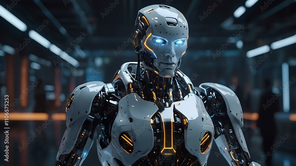 Futuristic robots with glowing accents in a high-tech environment. Futuristic robots with glowing accents in a high-tech environment.