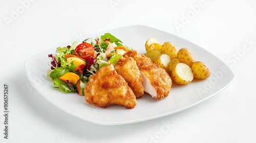 Studio food photography of a delicious chicken fillet served with a fresh salad and mini potatoes on a white plate, captured from a 3/4 view under soft light. 