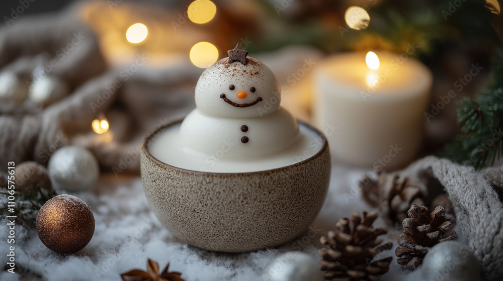 A close-up of a snowman-shaped cocoa bomb floating in white milk, hot chocolate, warm drink, winter beverage A close-up of a snowman-shaped cocoa bomb floating in white milk, hot chocolate, warm drink, winter beverage
