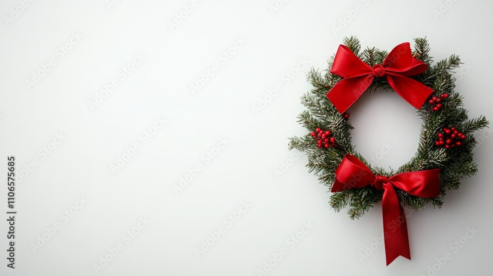 Festive Christmas wreath with red bows and berries on a white background. Festive Christmas wreath with red bows and berries on a white background.