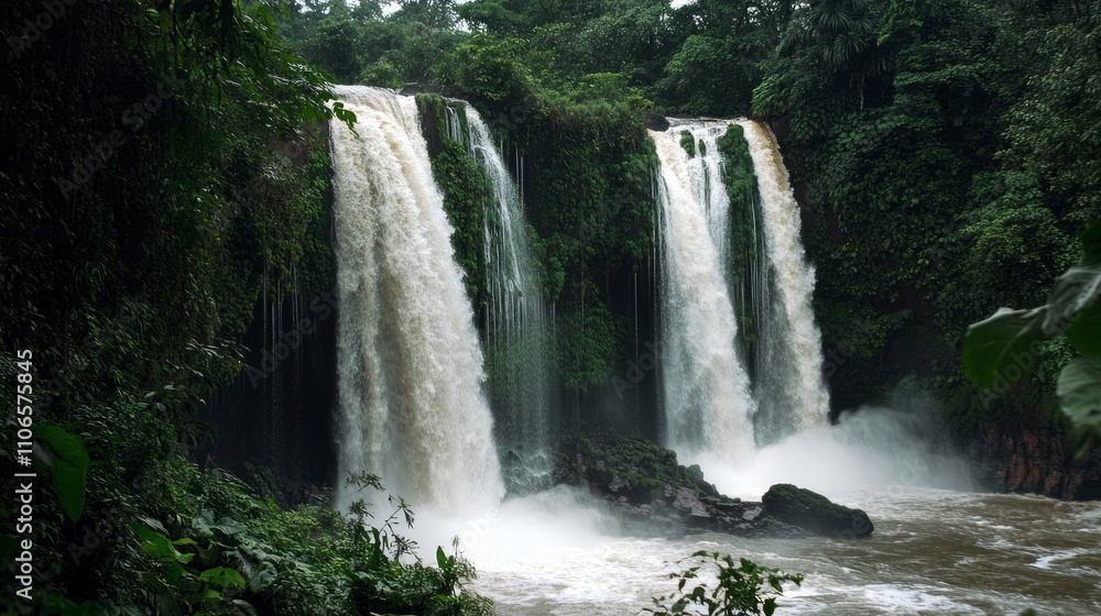 Obraz premium Majestic triple waterfall cascading down lush green cliffs into a river, surrounded by vibrant tropical rainforest.