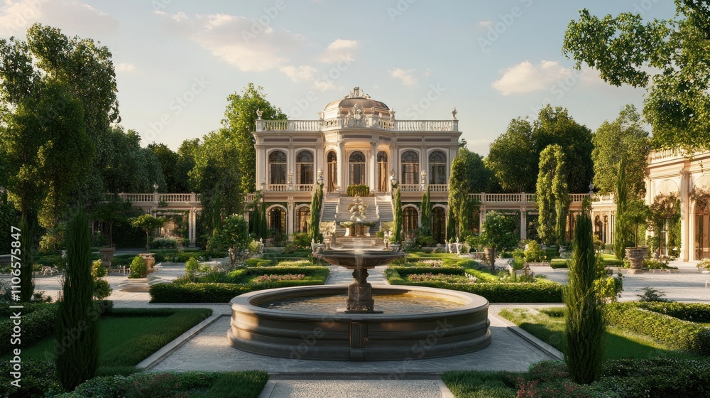 Obraz premium Elegant mansion with lush gardens and fountain.