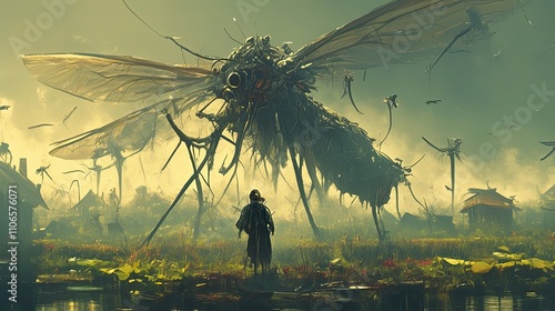 Gigantic Mechanical Insect Looms Over Swampy Village