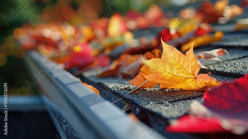 Preparing roof gutters for winter by removing autumn leaves. photo