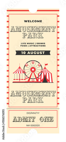 Colorful vintage amusement park ticket. Ferris wheel, circus tent, carousel, decorative text amusement park, admit one and more details events. Vertical flat vector illustration on white background