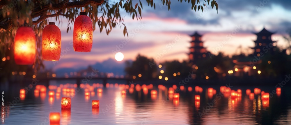 Illuminated lanterns hanging from a tree branch at sunset over a river with floating lights and Asian architecture in the background. Illuminated lanterns hanging from a tree branch at sunset over a river with floating lights and Asian architecture in the background.