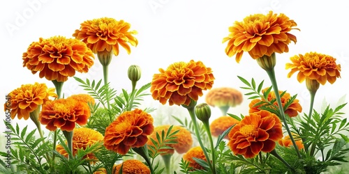 Beautiful Watercolor Marigold Flowers with Green Leaves Isolated on a White Background Perfect for Home Decor, Greeting Cards, or Floral Patterns and Designs