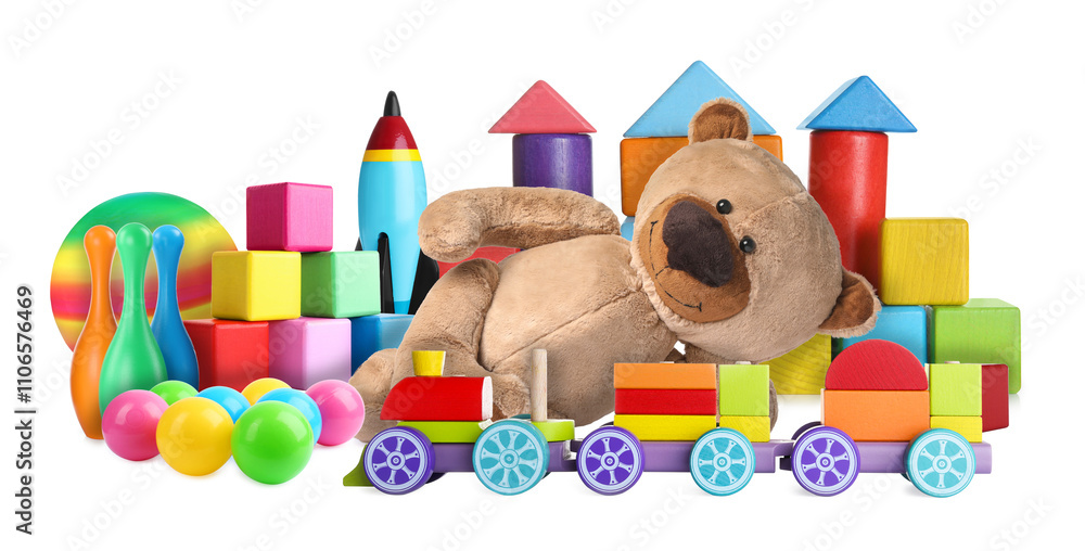 Obraz premium Teddy bear and other toys isolated on white