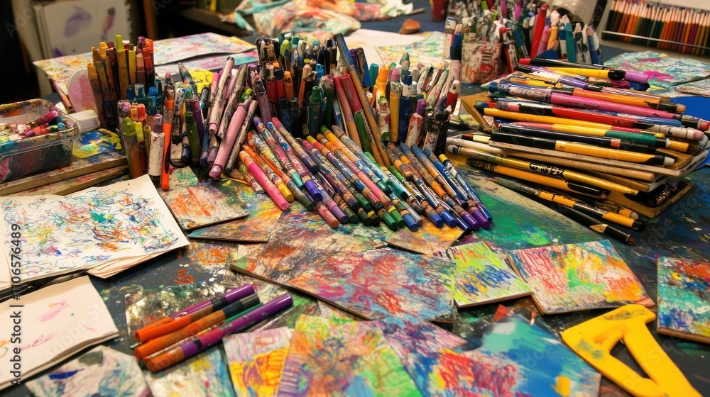 Naklejka premium A vibrant art workspace filled with colorful markers, papers, and creative tools.