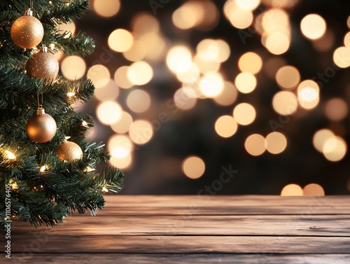 Festive Christmas tree with gold ornaments and bokeh lights on wooden table.