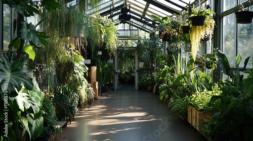 Eco-friendly green building filled with lush plastic plants, blending modern architecture with sustainable design for a unique and vibrant indoor space.