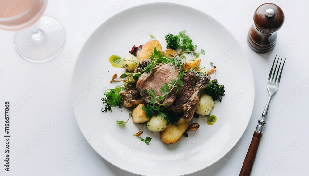 Artistic presentation of delicacies on white ceramic plate. Artistic presentation of delicacies on white ceramic plate.