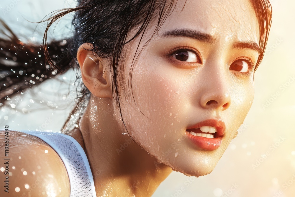 Naklejka premium A close-up of a determined woman with wet skin, capturing an intense moment, possibly during exercise or a challenging activity.