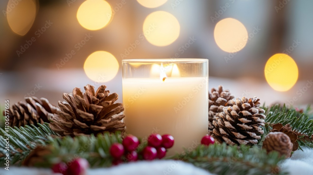 Warm candlelight illuminates pine cones and berries, creating a cozy winter scene. Warm candlelight illuminates pine cones and berries, creating a cozy winter scene.