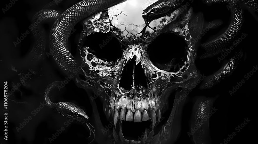 Dark and intricate skull with snakes in black and white. Mythic. Illustration Dark and intricate skull with snakes in black and white. Mythic. Illustration