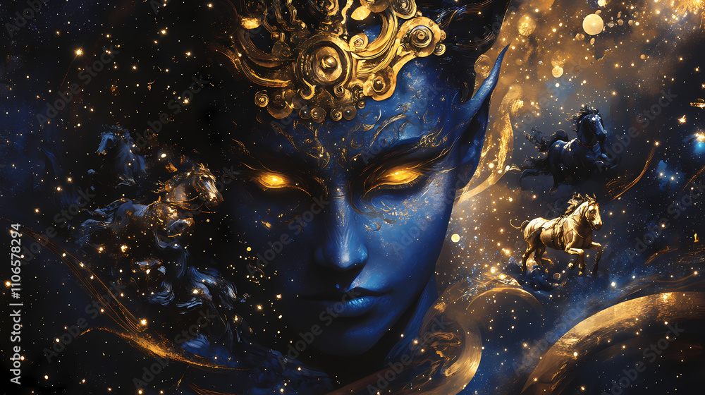 Dark blue faced figure with golden eyes, ornate chariot and yellow horses, surrounded by stars,. Mythic. Illustration Dark blue faced figure with golden eyes, ornate chariot and yellow horses, surrounded by stars,. Mythic. Illustration