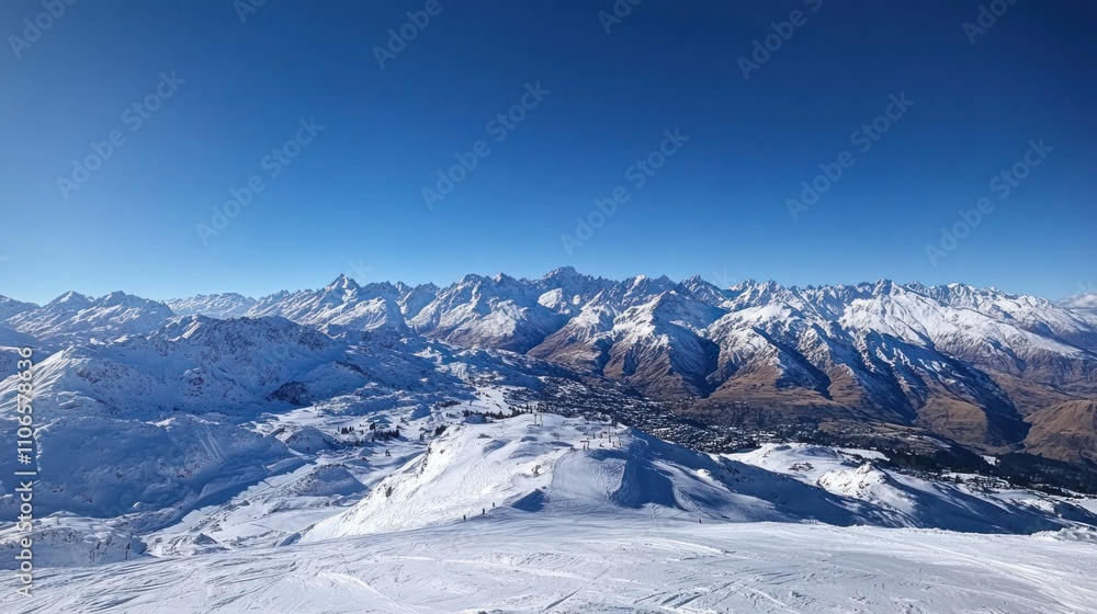 A stunning panoramic view of snow-covered mountains under a clear blue sky. A stunning panoramic view of snow-covered mountains under a clear blue sky.