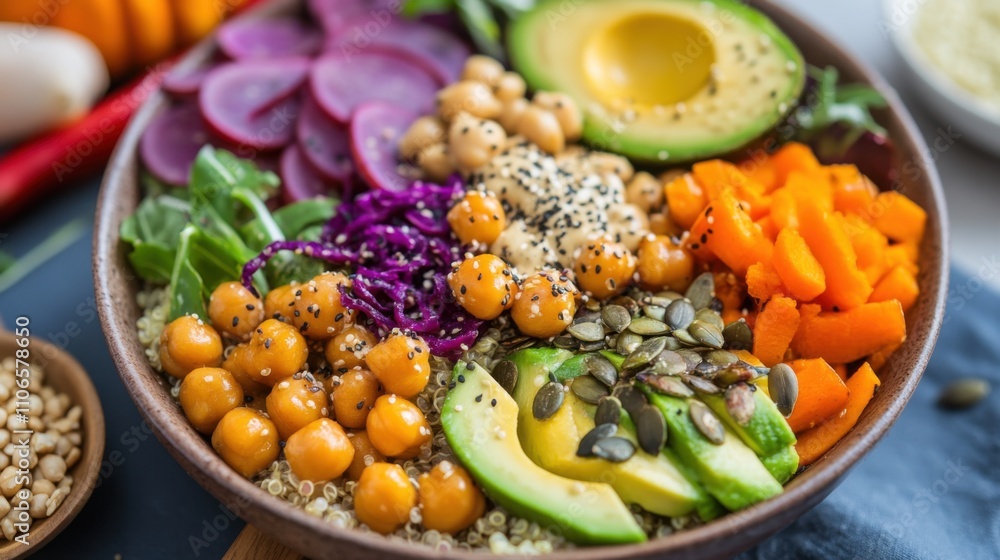 A colorful Buddha bowl filled with quinoa, roasted vegetables, avocado slices A colorful Buddha bowl filled with quinoa, roasted vegetables, avocado slices