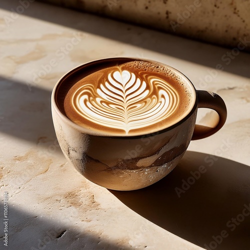 Latte in smooth stone mug with shadow; latte art; neutral beige concrete counter