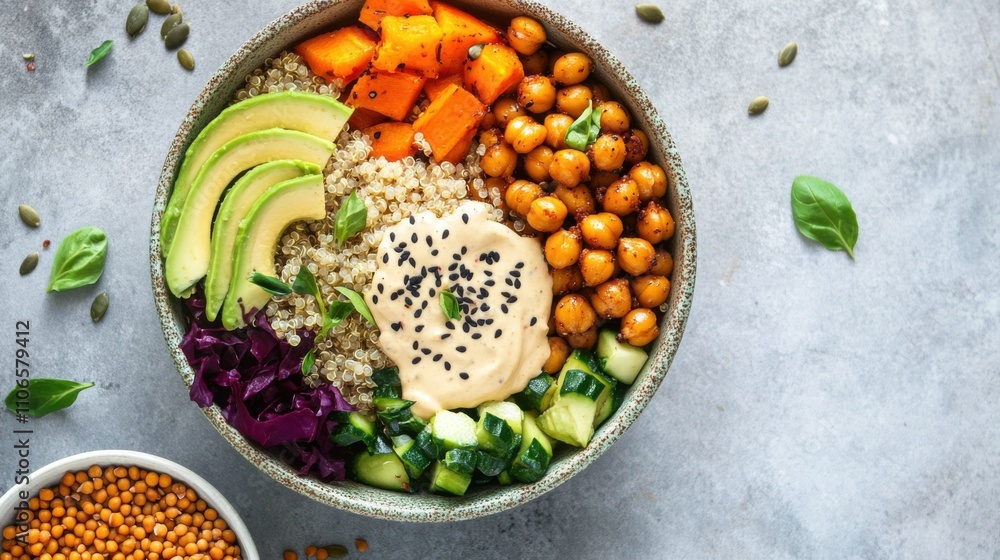 A colorful Buddha bowl filled with quinoa, roasted vegetables, chickpeas A colorful Buddha bowl filled with quinoa, roasted vegetables, chickpeas