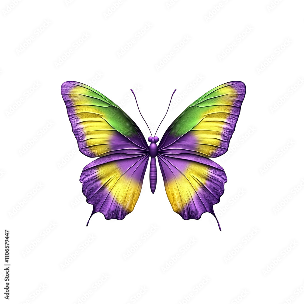 Vibrant Purple, Green, and Yellow Butterfly on White Background Vibrant Purple, Green, and Yellow Butterfly on White Background