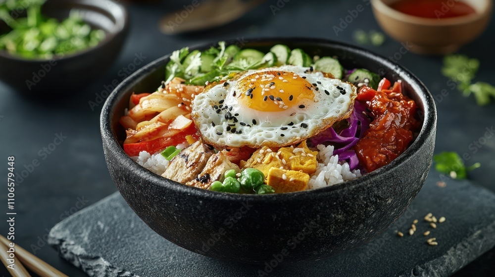 Korean bibimbap with rice, assorted vegetables, a fried egg, and spicy gochujang sauce, served in a hot stone bowl Korean bibimbap with rice, assorted vegetables, a fried egg, and spicy gochujang sauce, served in a hot stone bowl