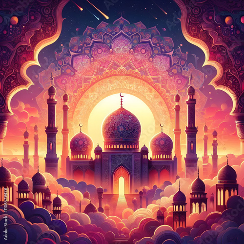 Beautiful Islamic Mosque Devine Spiritual Arabic Art HD Image. Muslim Masjid Concept Background for Whishing Happy Eid, Friday, Holy Ramadan, Good Morning, For Islamic Status or Posts Greetings Image. photo