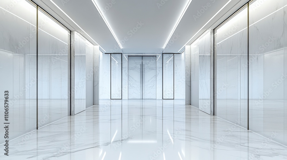 Elegant Modern Hallway with Sleek Glass Doors and Polished White Marble Floors in a Bright Minimalist Interior Design Aesthetic Elegant Modern Hallway with Sleek Glass Doors and Polished White Marble Floors in a Bright Minimalist Interior Design Aesthetic