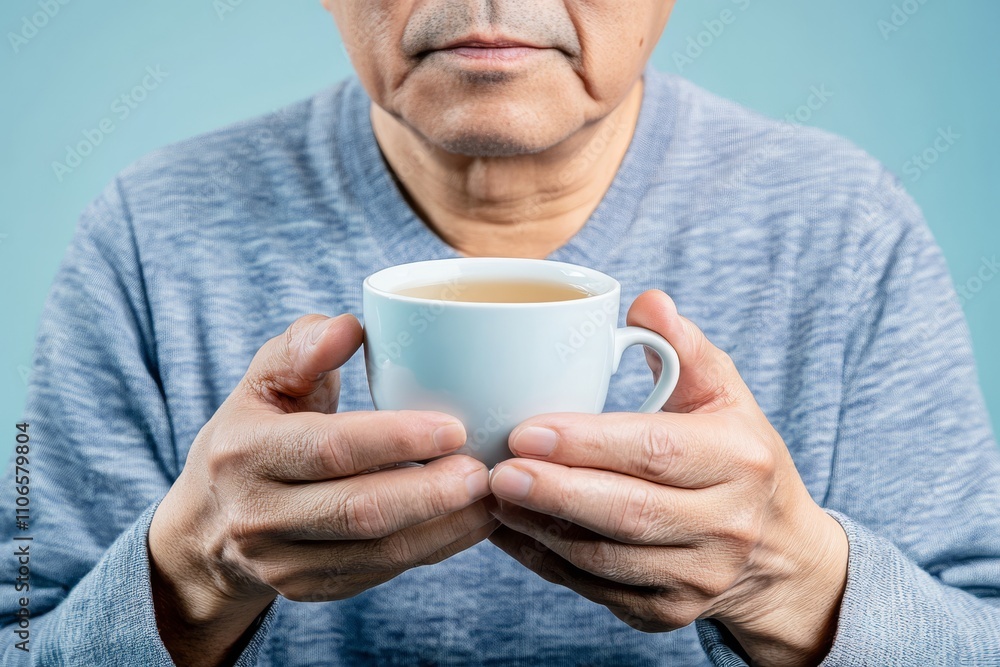 A middle-aged man holds a white cup of coffee, showcasing a moment of tranquility against a soft blue background. A middle-aged man holds a white cup of coffee, showcasing a moment of tranquility against a soft blue background.