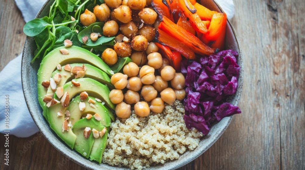 A colorful Buddha bowl filled with quinoa, roasted vegetables, chickpeas A colorful Buddha bowl filled with quinoa, roasted vegetables, chickpeas
