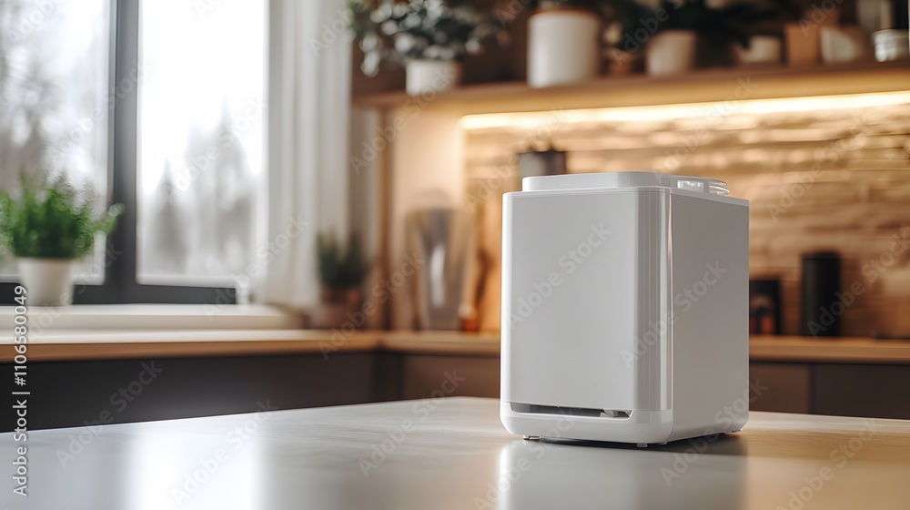 An electric ice maker with a glossy white finish, positioned on a clean, neutral surface. An electric ice maker with a glossy white finish, positioned on a clean, neutral surface.