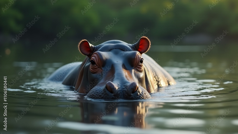 Fototapeta premium A serene image of a hippopotamus submerged in water, with only its eyes and ears visible above the surface, capturing the tranquility of this aquatic mammal.