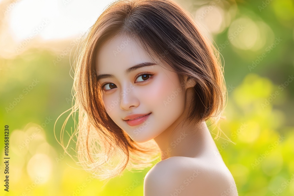 A serene portrait of a young woman with a soft smile, surrounded by a natural backdrop, capturing a moment of beauty and tranquility. A serene portrait of a young woman with a soft smile, surrounded by a natural backdrop, capturing a moment of beauty and tranquility.