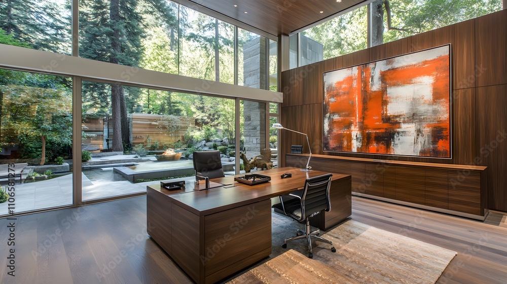 A minimalist home office with high ceilings, a sleek desk, and a large abstract painting on the wall. A minimalist home office with high ceilings, a sleek desk, and a large abstract painting on the wall.