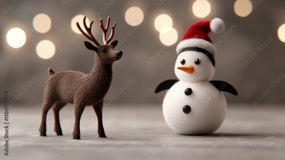 Festive reindeer and snowman figurine against bokeh lights. Festive reindeer and snowman figurine against bokeh lights.