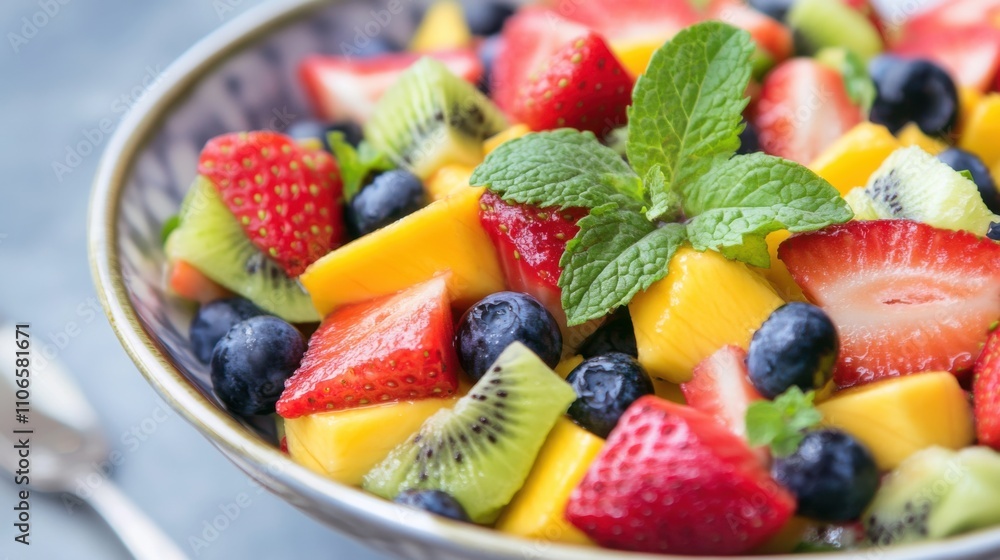 A colorful fruit salad featuring strawberries, blueberries, mango A colorful fruit salad featuring strawberries, blueberries, mango