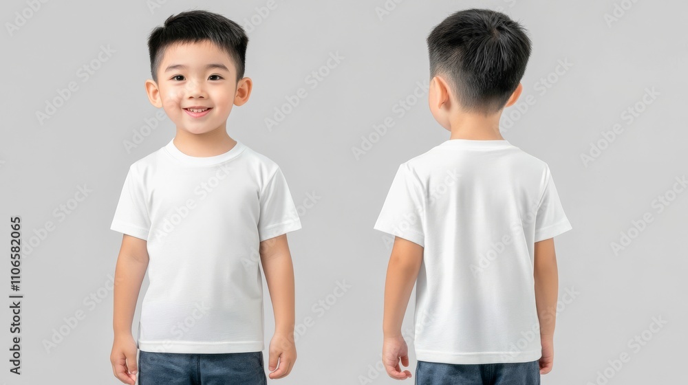 A cheerful young boy wearing a plain white t-shirt, shown from both the front and back against a neutral background. A cheerful young boy wearing a plain white t-shirt, shown from both the front and back against a neutral background.
