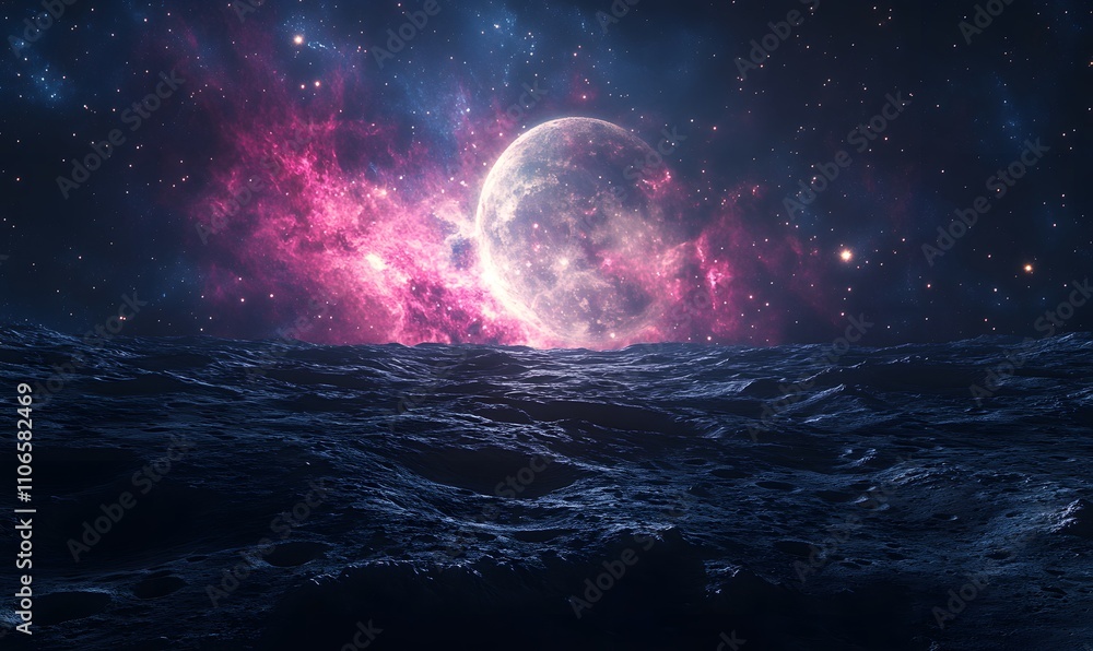 Fototapeta premium A panoramic view of the moon’s surface with reflections of distant stars