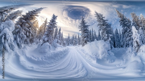 Wallpaper Mural A serene winter landscape with snow-covered trees and a winding path under a cloudy sky. Torontodigital.ca