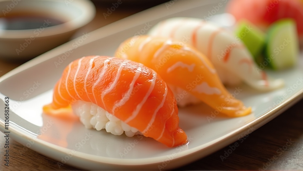 Close-up of fresh sushi on a plate with soy sauce, vibrant colors and food presentation. Generative, AI. Close-up of fresh sushi on a plate with soy sauce, vibrant colors and food presentation. Generative, AI.