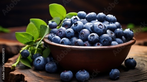 Wallpaper Mural Fresh Juicy Blueberries in Wooden Bowl with Green Leaves Torontodigital.ca